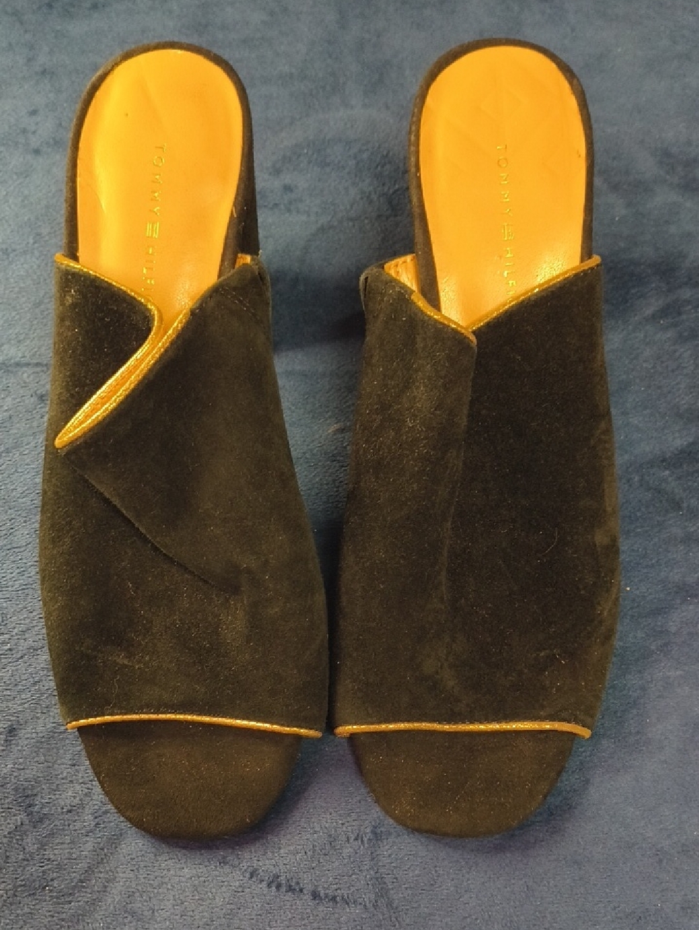 Tommy Bahama Black Suede Open-Back Mules with Gold Accent